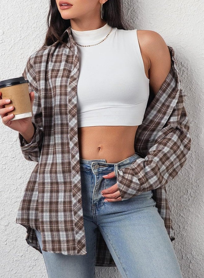 CHYRII قميص نسائي من الفلانيل بأزرار أمامية، بأكمام طويلة، بنقشة مربعات، مناسب للعمل أو المناسبات غير الرسمية، رقم الموديل 7157، لون رمادي + بني، مقاس XL - Image 3